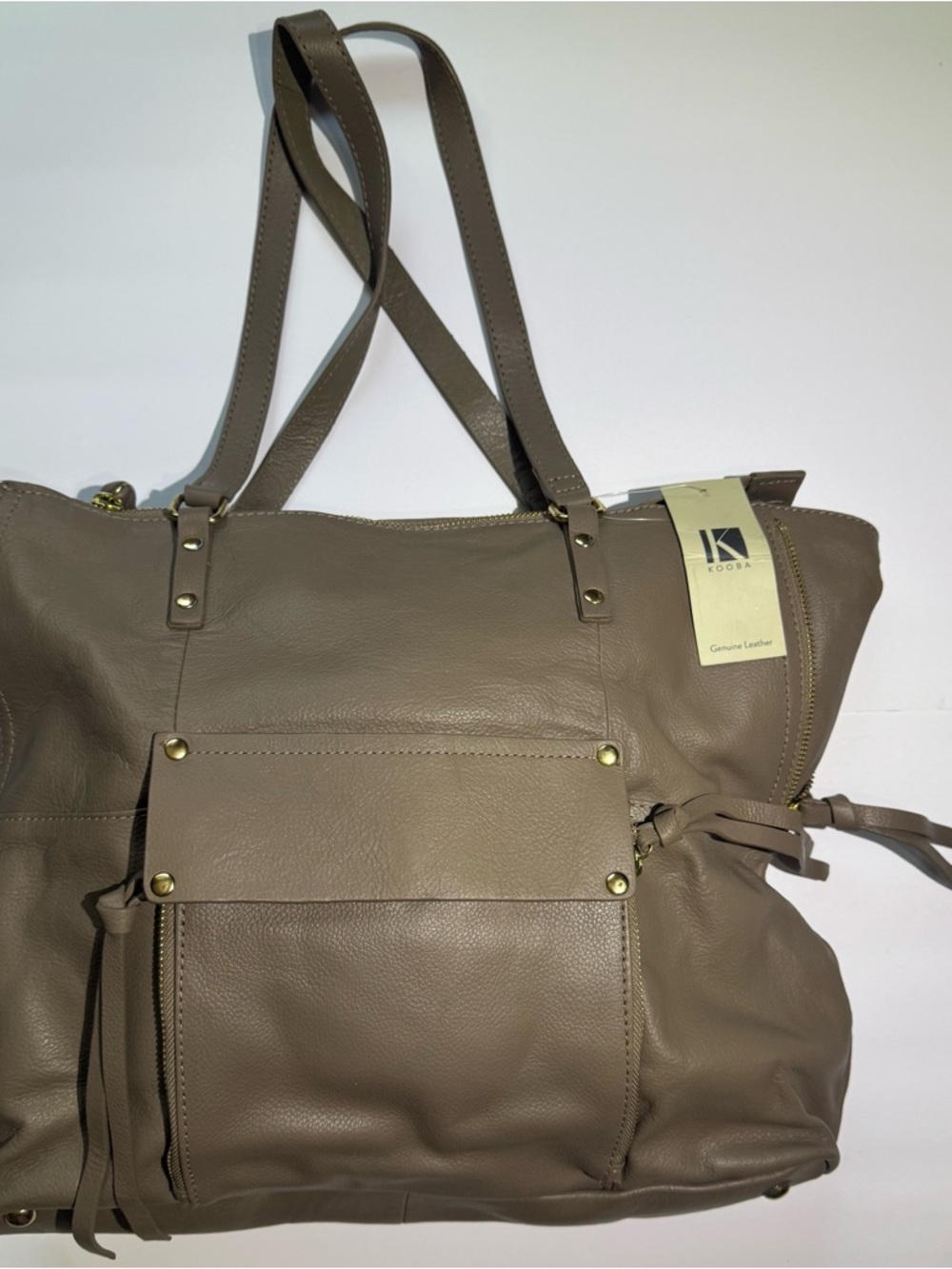 Kooba Taupe Leather Tote with Front Pocket and Gold Hardware